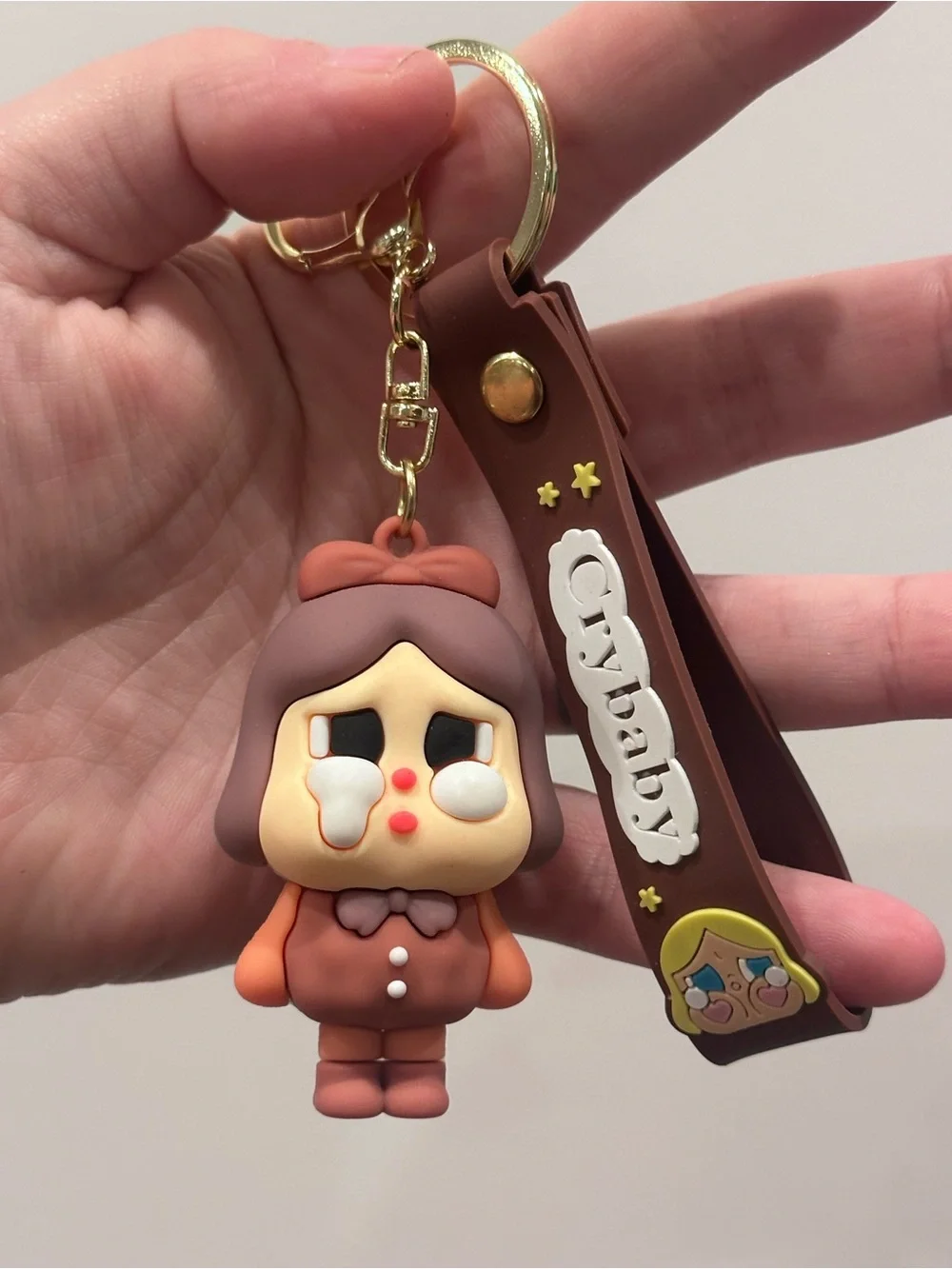 Crybaby Brown Kawaii Crying Girl PVC Keychain Wristlet Bag Charm Gold Tone Y2K